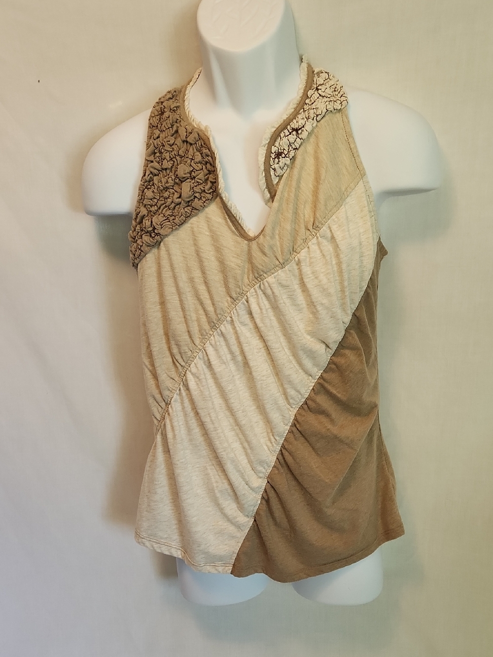 Neutral Patchwork Halter Tank Top in Cream & Tan